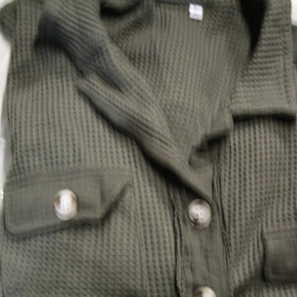 Olive Green Waffle Knit distressed Button-Up Sweater/ Shacket - Picture 2 of 3